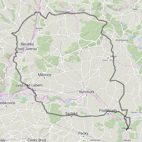 Map miniature of "Poděbrady Loop" cycling inspiration in Střední Čechy, Czech Republic. Generated by Tarmacs.app cycling route planner