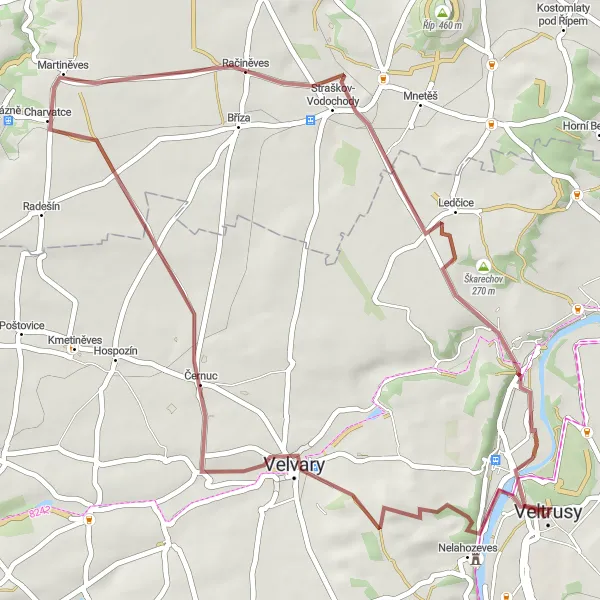 Miniaturní mapa "Relaxační gravelová trasa kolem Veltrus" inspirace pro cyklisty v oblasti Střední Čechy, Czech Republic. Vytvořeno pomocí plánovače tras Tarmacs.app