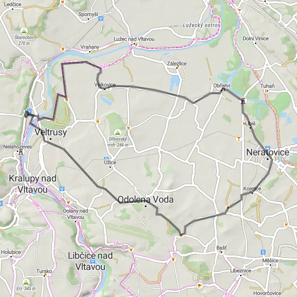 Mapa miniatúra "Okruh po silnici z Veltrus za krásným výhledem" cyklistická inšpirácia v Střední Čechy, Czech Republic. Vygenerované cyklistickým plánovačom trás Tarmacs.app