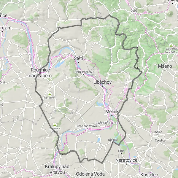 Miniaturní mapa "Road okruh k zámku Veltrusy" inspirace pro cyklisty v oblasti Střední Čechy, Czech Republic. Vytvořeno pomocí plánovače tras Tarmacs.app