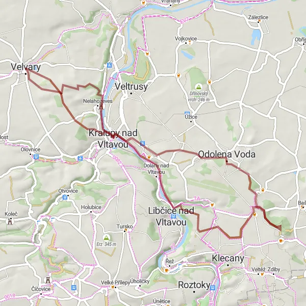 Miniaturní mapa "Gravelový okruh kolem Velvar" inspirace pro cyklisty v oblasti Střední Čechy, Czech Republic. Vytvořeno pomocí plánovače tras Tarmacs.app