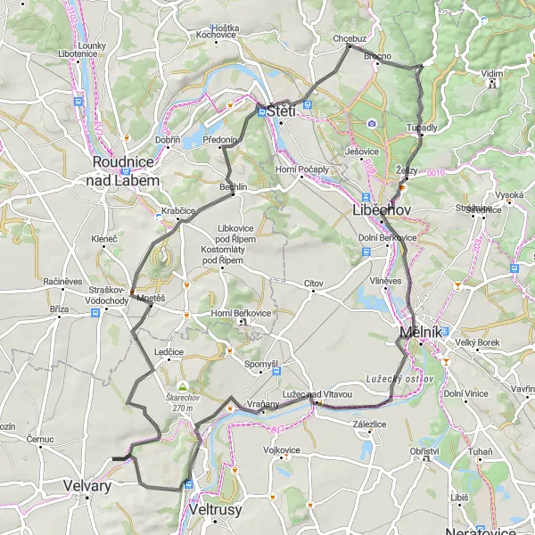 Mapa miniatúra "Silniční cyklotrasa kolem Řípu" cyklistická inšpirácia v Střední Čechy, Czech Republic. Vygenerované cyklistickým plánovačom trás Tarmacs.app