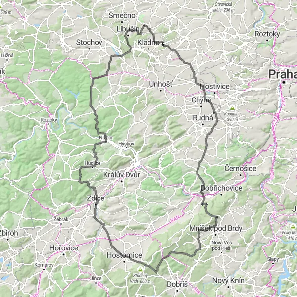 Miniaturní mapa "Extrémní okruh kolem Vinařic" inspirace pro cyklisty v oblasti Střední Čechy, Czech Republic. Vytvořeno pomocí plánovače tras Tarmacs.app