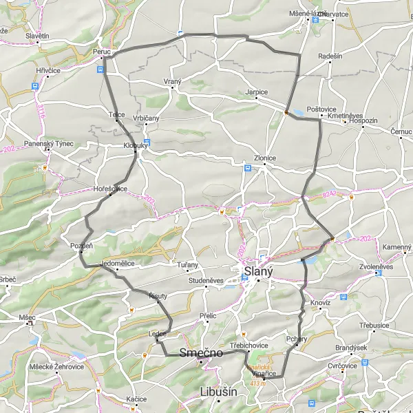 Miniaturní mapa "Kolem Vinařic na kole" inspirace pro cyklisty v oblasti Střední Čechy, Czech Republic. Vytvořeno pomocí plánovače tras Tarmacs.app