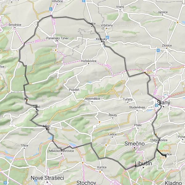 Miniaturní mapa "Cyklovýlet kolem Vinařic" inspirace pro cyklisty v oblasti Střední Čechy, Czech Republic. Vytvořeno pomocí plánovače tras Tarmacs.app