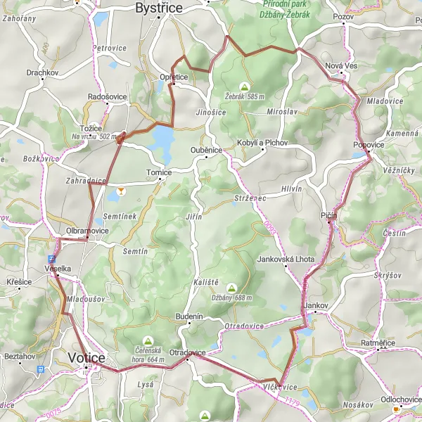 Miniatura mapy "Trasa gravelowa w okolicach Votice" - trasy rowerowej w Střední Čechy, Czech Republic. Wygenerowane przez planer tras rowerowych Tarmacs.app