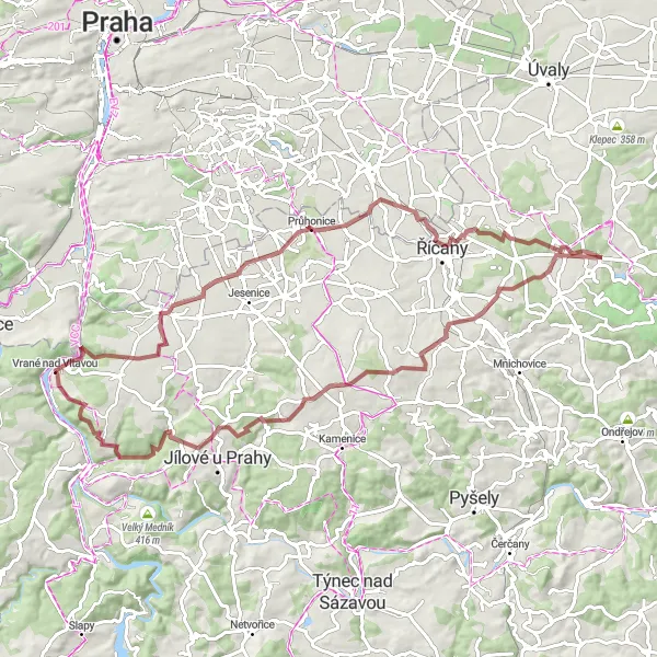 Mapa miniatúra "Gravel Route Vrané nad Vltavou - Tehovec - Křížkový Újezdec" cyklistická inšpirácia v Střední Čechy, Czech Republic. Vygenerované cyklistickým plánovačom trás Tarmacs.app