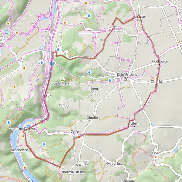 Mapa miniatúra "Gravelová túra do prírody" cyklistická inšpirácia v Střední Čechy, Czech Republic. Vygenerované cyklistickým plánovačom trás Tarmacs.app