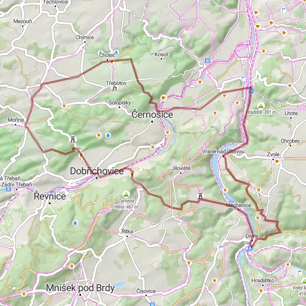 Mapa miniatúra "Gravelová jazda okolo Vltavy" cyklistická inšpirácia v Střední Čechy, Czech Republic. Vygenerované cyklistickým plánovačom trás Tarmacs.app