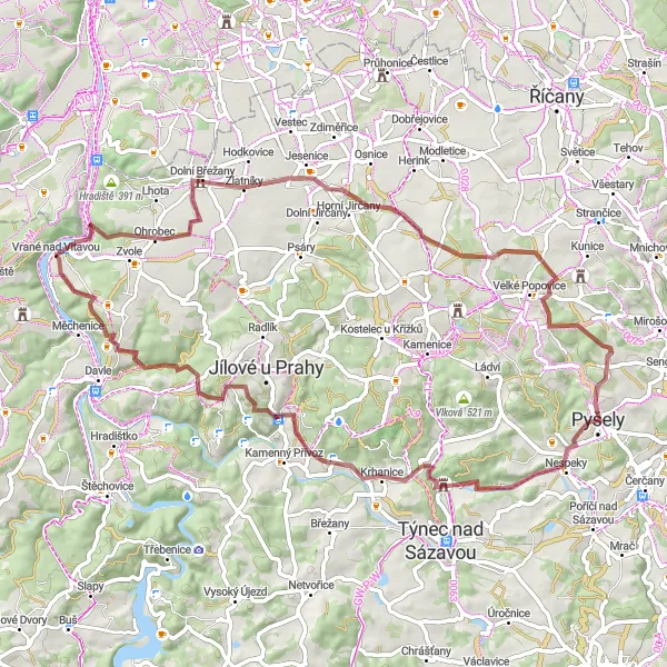 Mapa miniatúra "Gravel Route Vrané nad Vltavou - Dolní Břežany - Olešky" cyklistická inšpirácia v Střední Čechy, Czech Republic. Vygenerované cyklistickým plánovačom trás Tarmacs.app