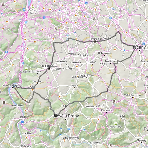 Mapa miniatúra "Road Route Vrané nad Vltavou - Homole - Ohrobec" cyklistická inšpirácia v Střední Čechy, Czech Republic. Vygenerované cyklistickým plánovačom trás Tarmacs.app