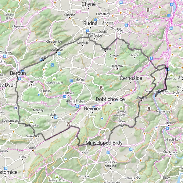 Miniatura mapy "Przejażdżka przez Lipence i Krahulov" - trasy rowerowej w Střední Čechy, Czech Republic. Wygenerowane przez planer tras rowerowych Tarmacs.app