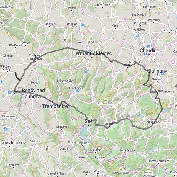 Map miniature of "Rolling Hills Adventure" cycling inspiration in Střední Čechy, Czech Republic. Generated by Tarmacs.app cycling route planner