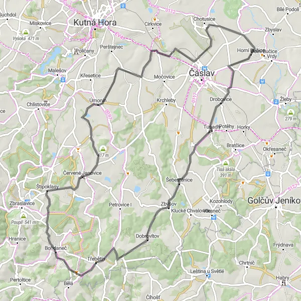 Miniaturní mapa "Okruh kolem Středních Čech pro silniční kola" inspirace pro cyklisty v oblasti Střední Čechy, Czech Republic. Vytvořeno pomocí plánovače tras Tarmacs.app