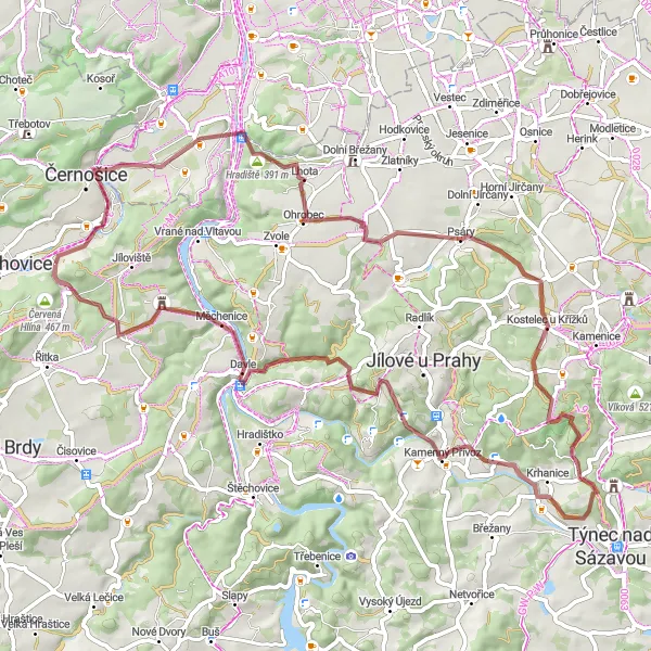 Miniaturní mapa "Gravel Tour around Všenory" inspirace pro cyklisty v oblasti Střední Čechy, Czech Republic. Vytvořeno pomocí plánovače tras Tarmacs.app