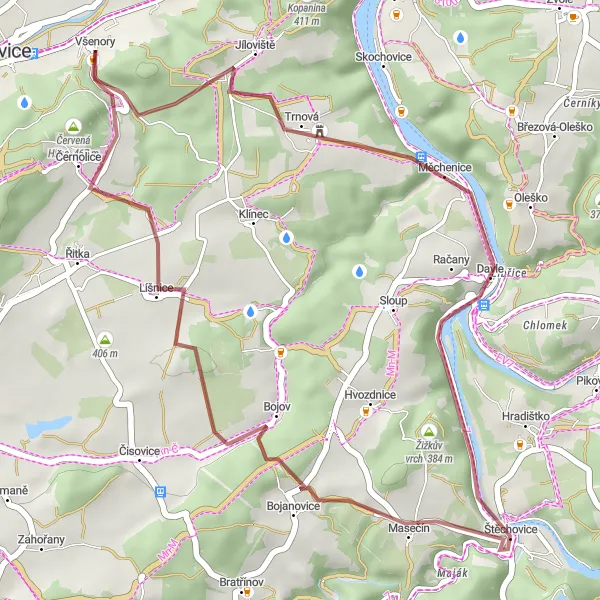 Miniaturní mapa "Gravel tour to Líšnice" inspirace pro cyklisty v oblasti Střední Čechy, Czech Republic. Vytvořeno pomocí plánovače tras Tarmacs.app
