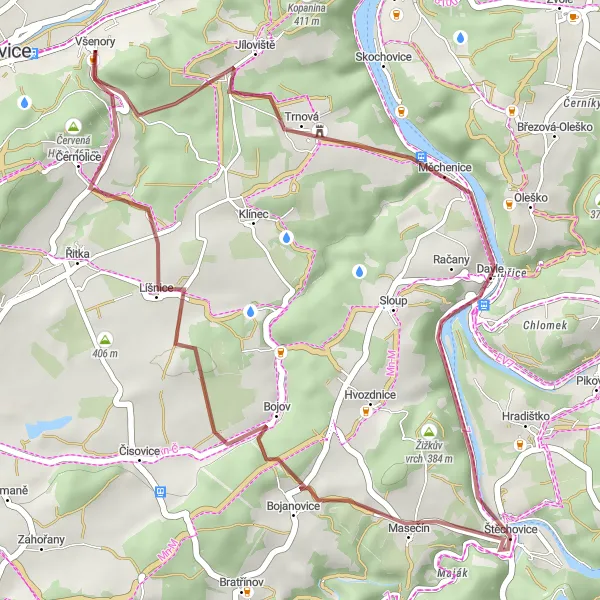 Mapa miniatúra "Gravelový okruh kolem Všenor" cyklistická inšpirácia v Střední Čechy, Czech Republic. Vygenerované cyklistickým plánovačom trás Tarmacs.app