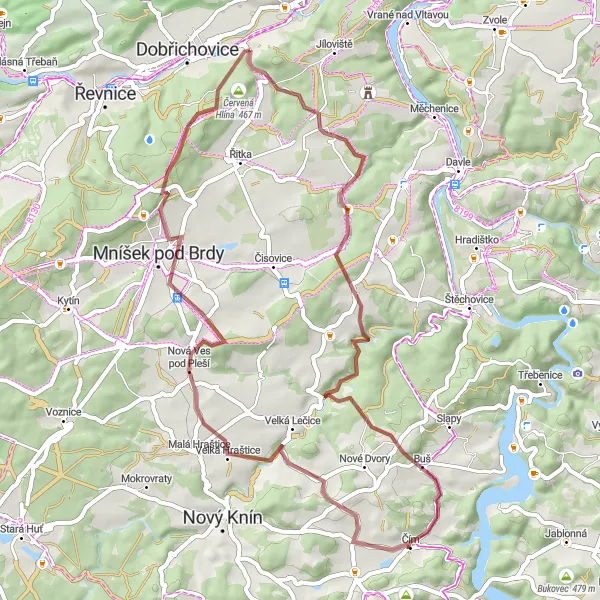 Mapa miniatúra "Gravelová výzva kolem Všenor" cyklistická inšpirácia v Střední Čechy, Czech Republic. Vygenerované cyklistickým plánovačom trás Tarmacs.app