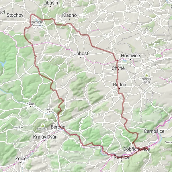 Mapa miniatúra "Gravel tour around Všenory" cyklistická inšpirácia v Střední Čechy, Czech Republic. Vygenerované cyklistickým plánovačom trás Tarmacs.app