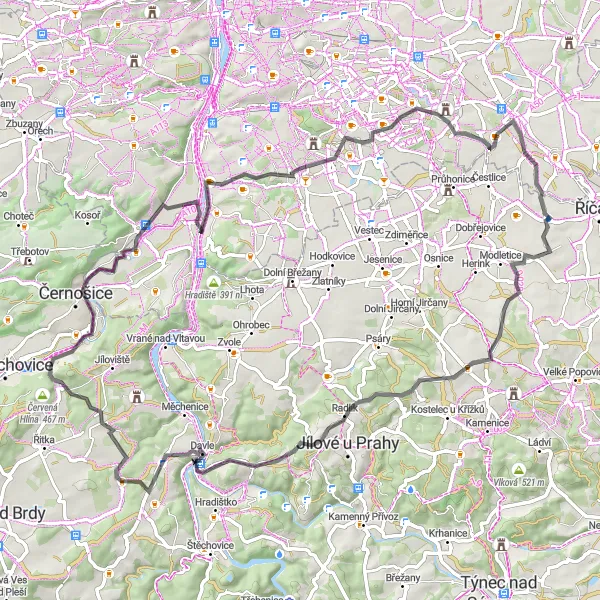 Miniatura mapy "Wyczynowa trasa rowerowa z Všenory" - trasy rowerowej w Střední Čechy, Czech Republic. Wygenerowane przez planer tras rowerowych Tarmacs.app