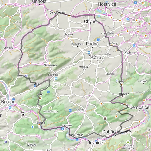 Miniaturní mapa "Road route to Karlštejn" inspirace pro cyklisty v oblasti Střední Čechy, Czech Republic. Vytvořeno pomocí plánovače tras Tarmacs.app