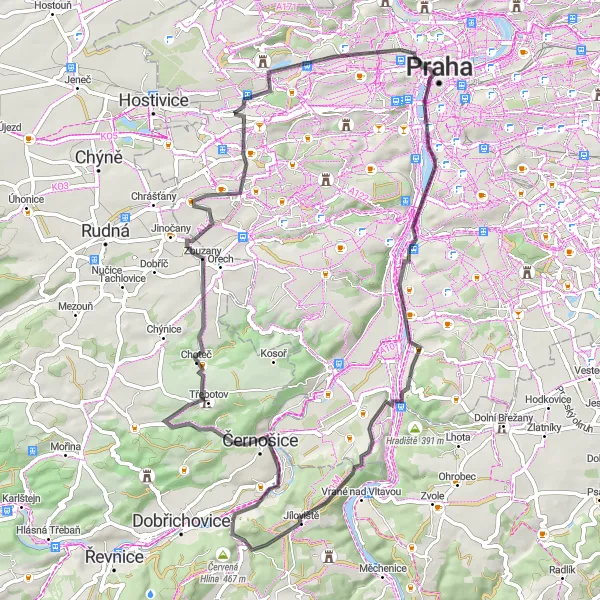 Miniaturní mapa "Okolím Choteče" inspirace pro cyklisty v oblasti Střední Čechy, Czech Republic. Vytvořeno pomocí plánovače tras Tarmacs.app