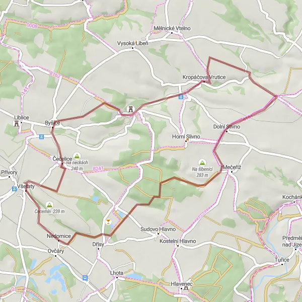 Miniatura mapy "Pętla wokół Všetaty" - trasy rowerowej w Střední Čechy, Czech Republic. Wygenerowane przez planer tras rowerowych Tarmacs.app