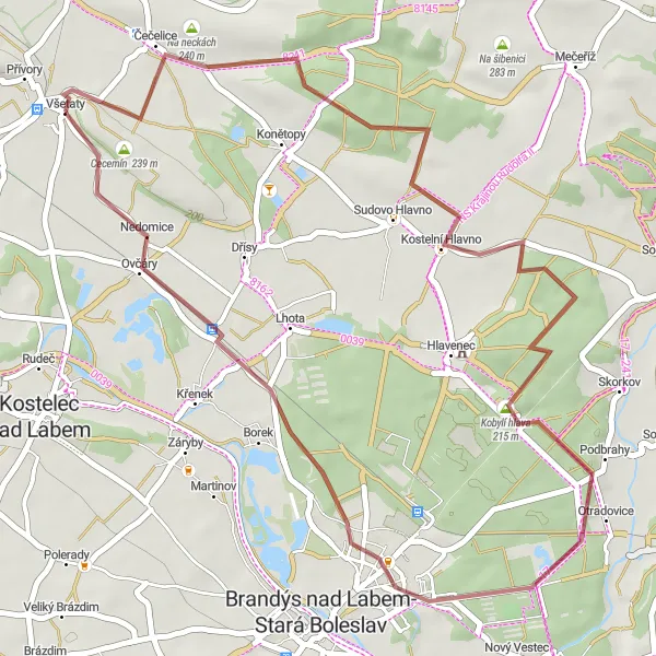 Miniaturní mapa "Gravelová cyklotrasa Všetaty - Cecemín" inspirace pro cyklisty v oblasti Střední Čechy, Czech Republic. Vytvořeno pomocí plánovače tras Tarmacs.app