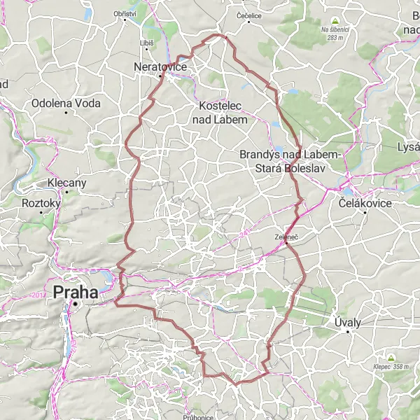 Miniaturní mapa "Okruh kolem Všetat na štěrkovém povrchu" inspirace pro cyklisty v oblasti Střední Čechy, Czech Republic. Vytvořeno pomocí plánovače tras Tarmacs.app