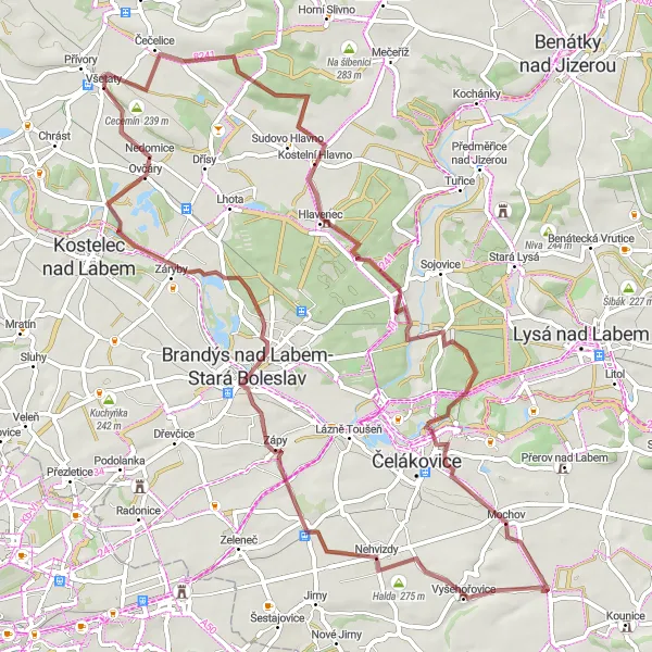 Miniaturní mapa "Gravelová cyklistická trasa Všetaty - Cecemín" inspirace pro cyklisty v oblasti Střední Čechy, Czech Republic. Vytvořeno pomocí plánovače tras Tarmacs.app