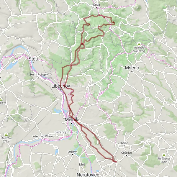 Map miniature of "The Liběchov Adventure" cycling inspiration in Střední Čechy, Czech Republic. Generated by Tarmacs.app cycling route planner