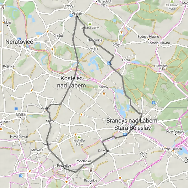 Miniaturní mapa "Kolem Všetat po silnici" inspirace pro cyklisty v oblasti Střední Čechy, Czech Republic. Vytvořeno pomocí plánovače tras Tarmacs.app