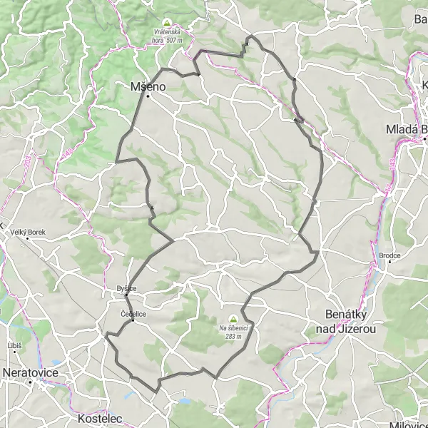 Miniaturní mapa "Náročný okruh kolem Všetat" inspirace pro cyklisty v oblasti Střední Čechy, Czech Republic. Vytvořeno pomocí plánovače tras Tarmacs.app