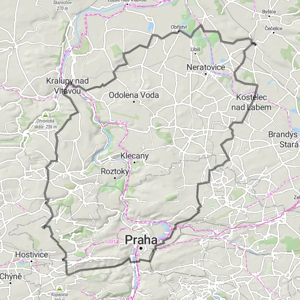 Miniaturní mapa "Okružní cyklistická trasa Všetaty - Přívory" inspirace pro cyklisty v oblasti Střední Čechy, Czech Republic. Vytvořeno pomocí plánovače tras Tarmacs.app