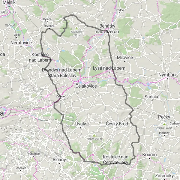 Miniaturní mapa "Kolečková trasa Na neckách - Všetaty" inspirace pro cyklisty v oblasti Střední Čechy, Czech Republic. Vytvořeno pomocí plánovače tras Tarmacs.app