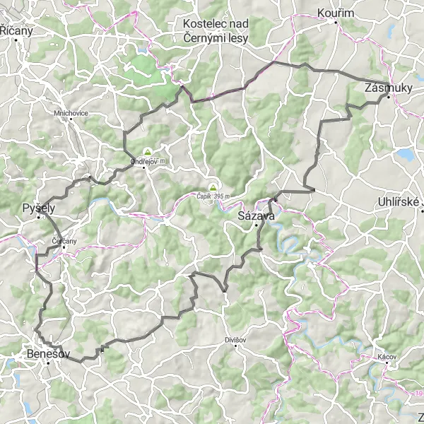 Miniatura mapy "Magiczna trasa rowerowa z Zásmuky" - trasy rowerowej w Střední Čechy, Czech Republic. Wygenerowane przez planer tras rowerowych Tarmacs.app