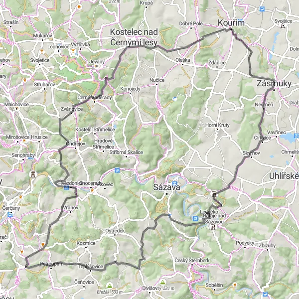 Miniatura mapy "Trasa Road przez Soběhrdy i Hvězdonice" - trasy rowerowej w Střední Čechy, Czech Republic. Wygenerowane przez planer tras rowerowych Tarmacs.app