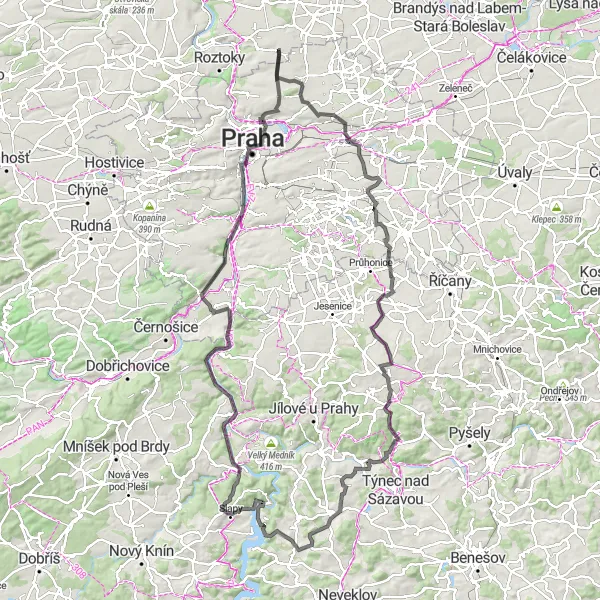 Mapa miniatúra "Náročná cesta okolo Středních Čech pre milovníkov cestných bicyklov" cyklistická inšpirácia v Střední Čechy, Czech Republic. Vygenerované cyklistickým plánovačom trás Tarmacs.app