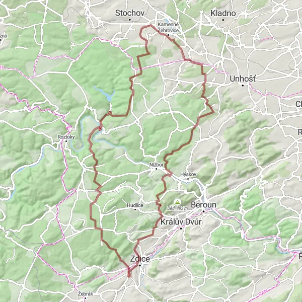Map miniature of "Zbečno Gravel Escape" cycling inspiration in Střední Čechy, Czech Republic. Generated by Tarmacs.app cycling route planner