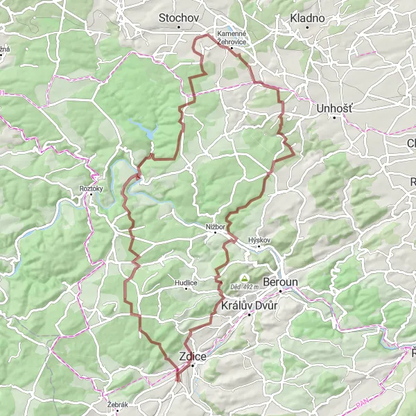 Mapa miniatúra "Knihov - Zbečno - Lhotka" cyklistická inšpirácia v Střední Čechy, Czech Republic. Vygenerované cyklistickým plánovačom trás Tarmacs.app