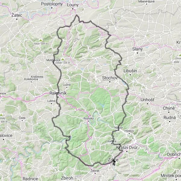 Miniaturní mapa "Okruh Zdice - Velký vrch" inspirace pro cyklisty v oblasti Střední Čechy, Czech Republic. Vytvořeno pomocí plánovače tras Tarmacs.app