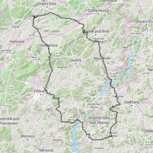 Map miniature of "Zdice Grand Tour" cycling inspiration in Střední Čechy, Czech Republic. Generated by Tarmacs.app cycling route planner