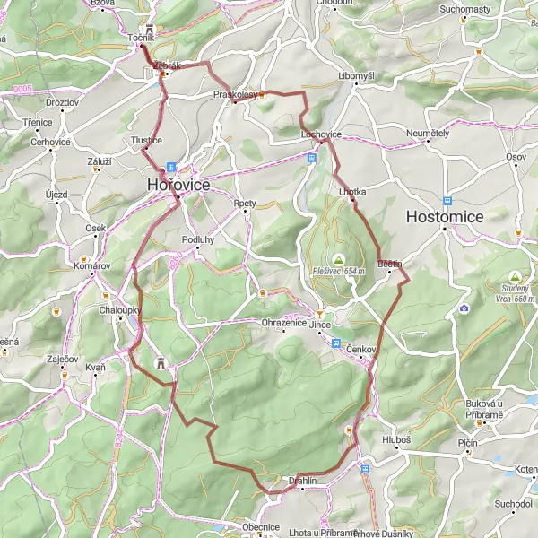 Mapa miniatúra "Gravelový okruh přes Otmíče a Tlustice" cyklistická inšpirácia v Střední Čechy, Czech Republic. Vygenerované cyklistickým plánovačom trás Tarmacs.app