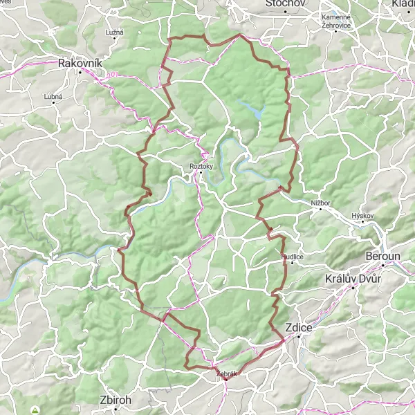 Miniaturní mapa "Gravel Trasa: Okruh kolem Žebráku" inspirace pro cyklisty v oblasti Střední Čechy, Czech Republic. Vytvořeno pomocí plánovače tras Tarmacs.app