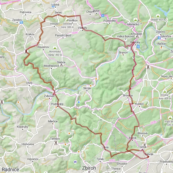 Miniaturní mapa "Gravel Okruh: Zážitková jízda kolem Žebráku" inspirace pro cyklisty v oblasti Střední Čechy, Czech Republic. Vytvořeno pomocí plánovače tras Tarmacs.app