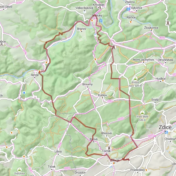 Miniaturní mapa "Gravelová cesta kolem Karlova" inspirace pro cyklisty v oblasti Střední Čechy, Czech Republic. Vytvořeno pomocí plánovače tras Tarmacs.app