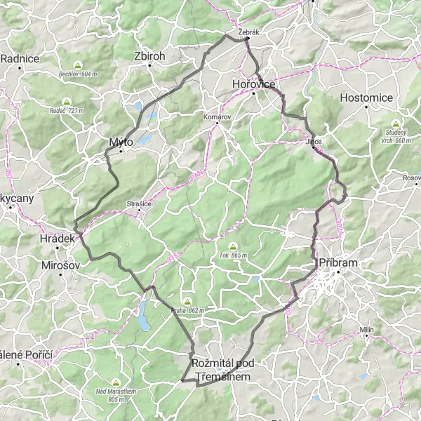 Miniaturní mapa "Asfaltová Trasa: Okruh od Žebráku" inspirace pro cyklisty v oblasti Střední Čechy, Czech Republic. Vytvořeno pomocí plánovače tras Tarmacs.app