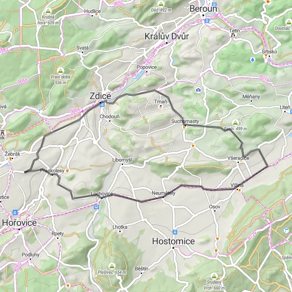 Mapa miniatúra "Okružná cyklotrasa cez Střední Čechy" cyklistická inšpirácia v Střední Čechy, Czech Republic. Vygenerované cyklistickým plánovačom trás Tarmacs.app