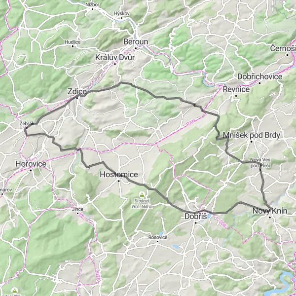 Miniaturní mapa "Velký okruh přes Větrník a Lochovice" inspirace pro cyklisty v oblasti Střední Čechy, Czech Republic. Vytvořeno pomocí plánovače tras Tarmacs.app