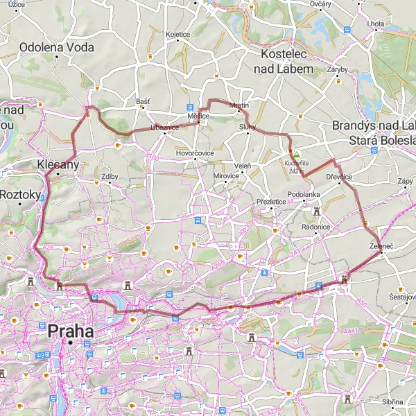 Map miniature of "Zeleneč Klecany Gravel Loop" cycling inspiration in Střední Čechy, Czech Republic. Generated by Tarmacs.app cycling route planner